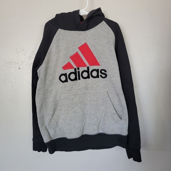 Adidas Boys Medium 10/12 Pullover Hoodie Grey Black Red Pullover Sweatshirt - Picture 1 of 4
